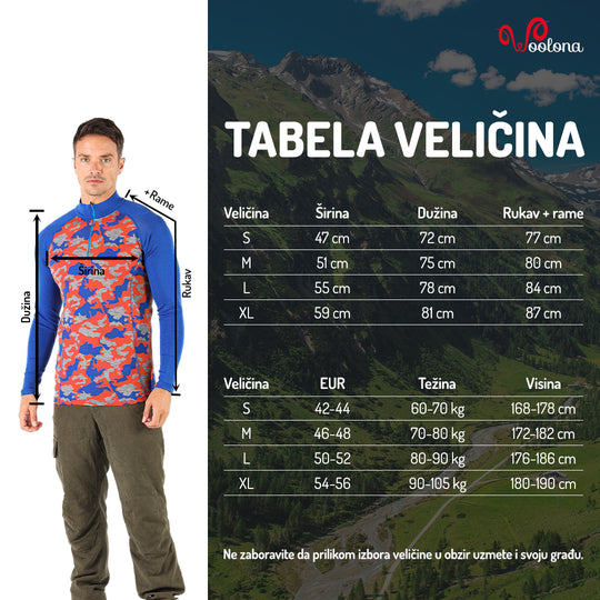 Tabela veličina - Asker zip aktivni veš 100% merino vuna | Woolona
