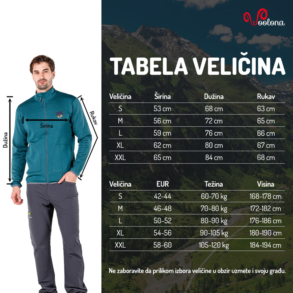 Tabela veličina - Bornova aktivni muški duks 100% merino vuna drugi sloj | Woolona