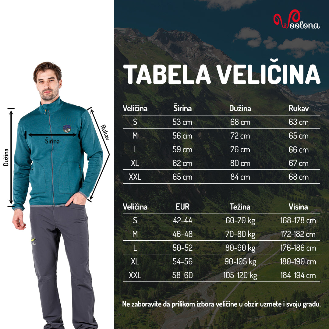 Tabela veličina - Bornova aktivni muški duks 100% merino vuna drugi sloj | Woolona