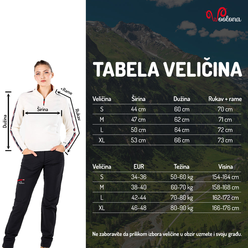 Tabela veličina - Asya ženski pleteni džemper 100% merino vuna | Woolona