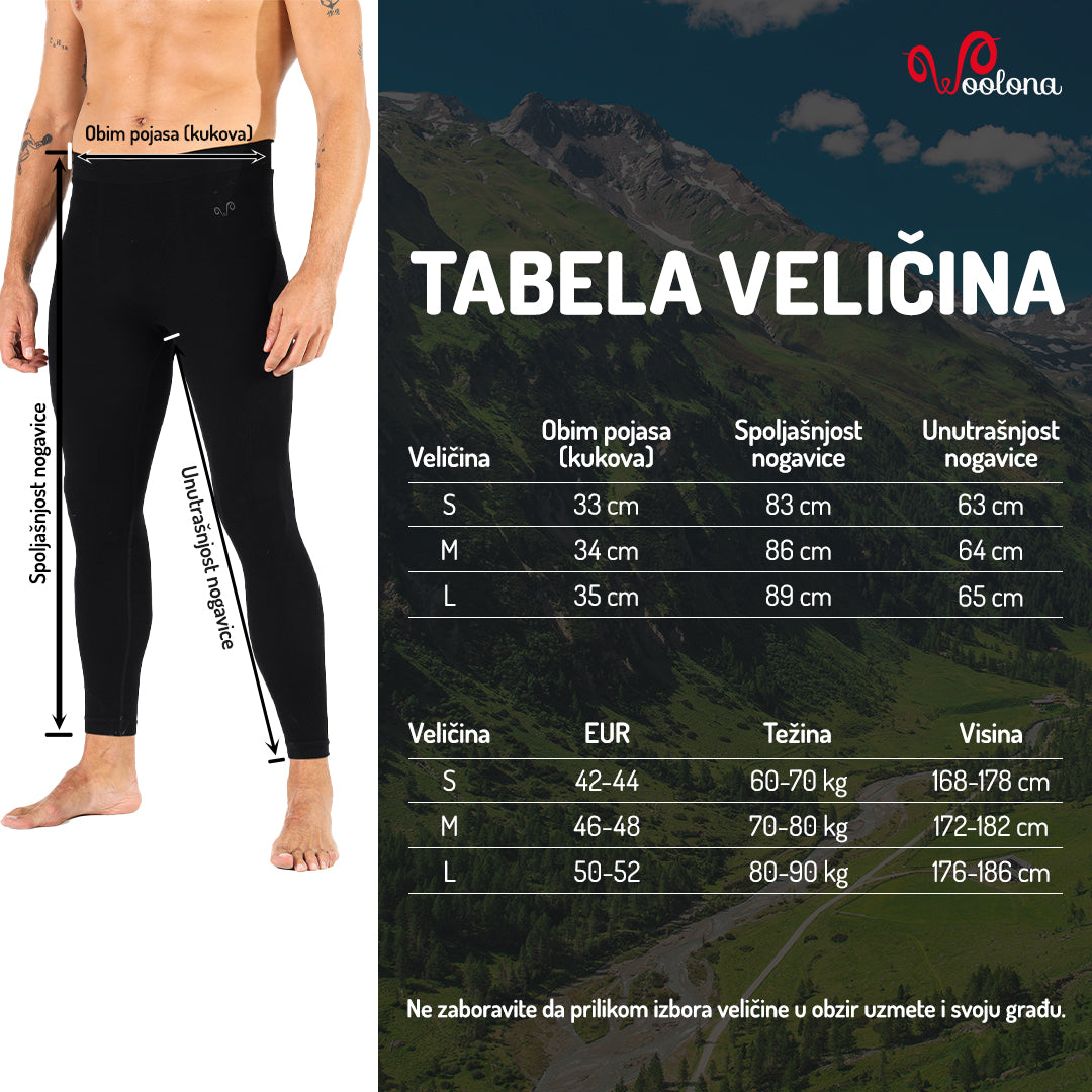 Tabela veličina - Nova helanke muške merino vuna seamless | Woolona