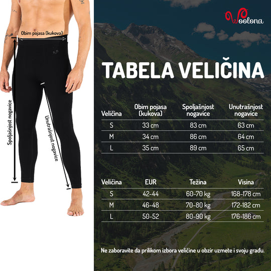 Tabela veličina - Nova helanke muške merino vuna seamless | Woolona