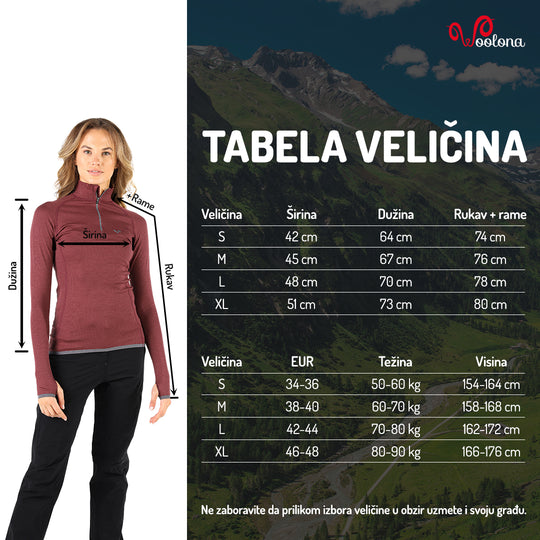 Tabela veličina - Sonatra aktivni veš 100% merino vuna | Woolona