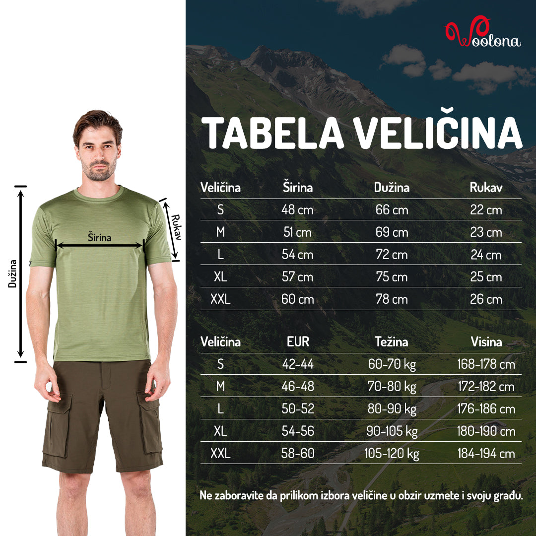 Tabela veličina - Notus cool wool 100% merino vuna lagana majica kratki rukav | Woolona
