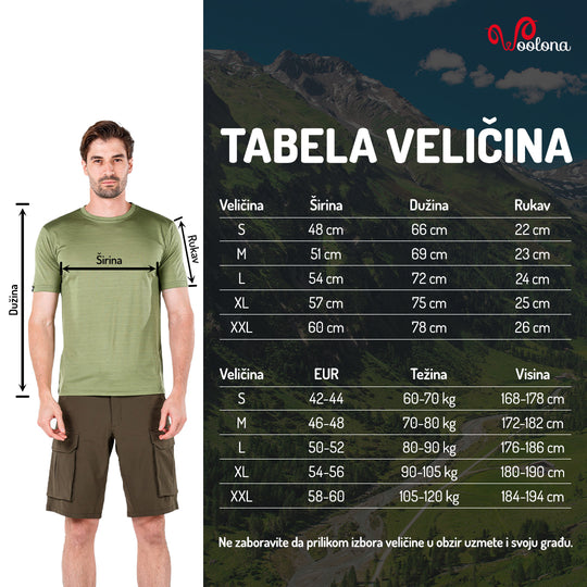 Tabela veličina - Notus cool wool 100% merino vuna lagana majica kratki rukav | Woolona