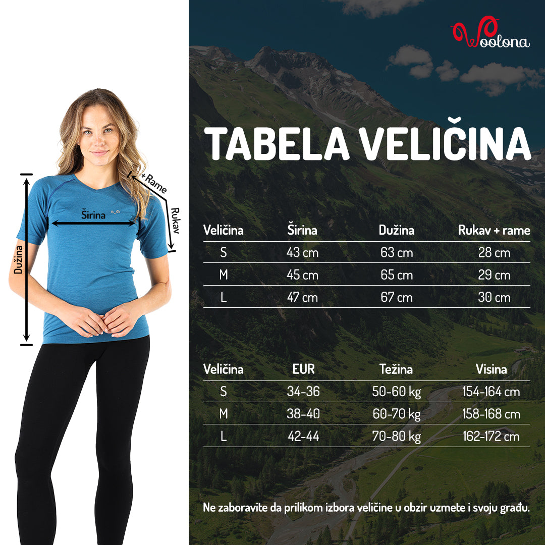 Tabela veličina - Elma aktivna majica kratki rukav merino vuna seamless | Woolona