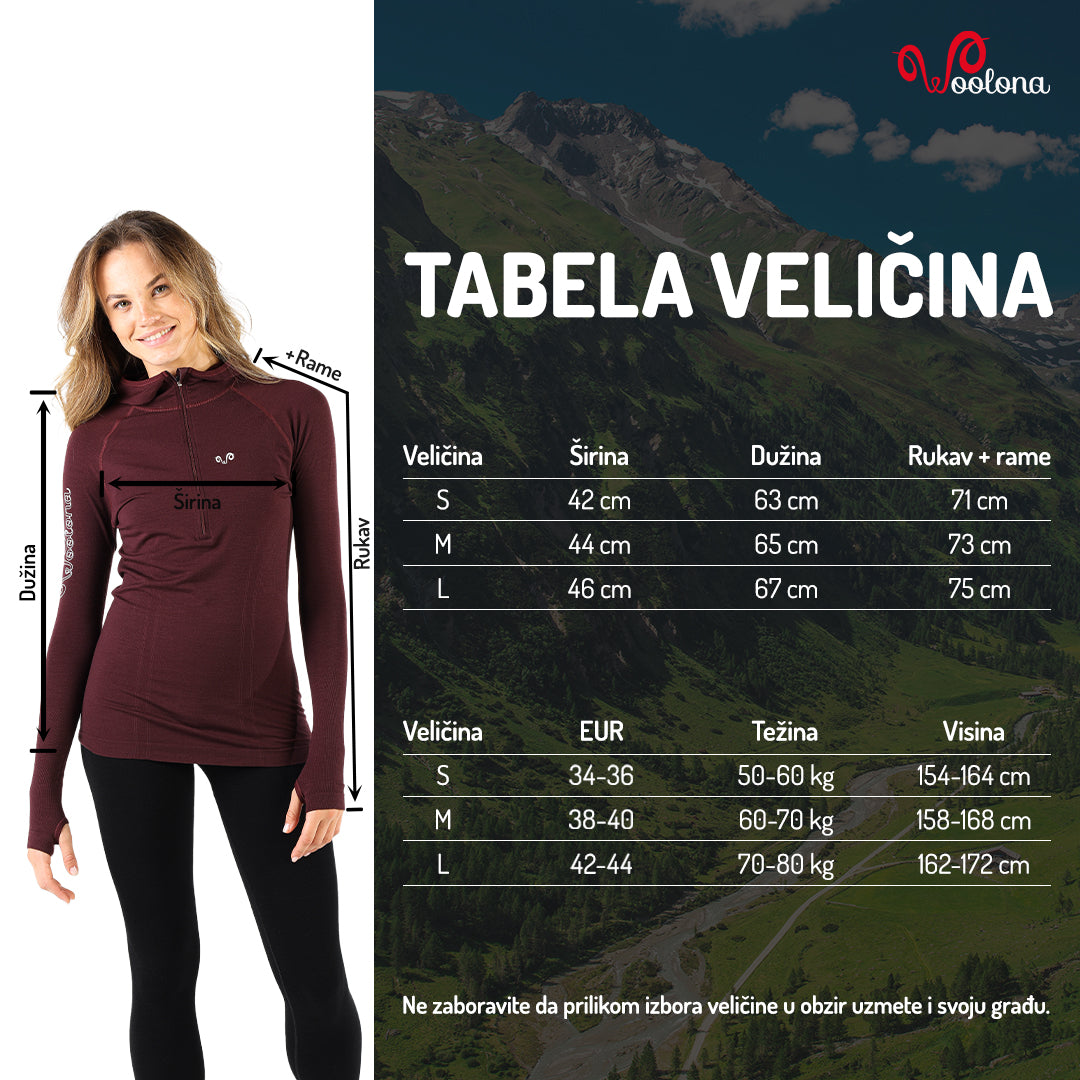 Tabela veličina - Docca  ženski aktivni duks merino vuna seamless | Woolona