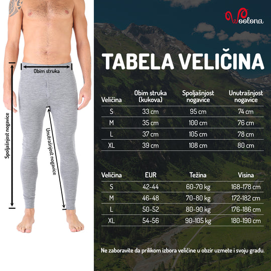 Tabela veličina - Atlas muški aktivni veš100% merino vuna donji deo | Woolona