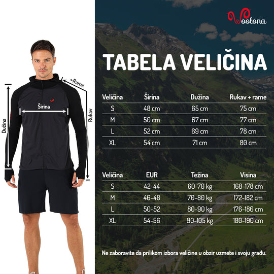 Tabela veličina - Pakke hybrid aktivni duks merino vuna seamless | Woolona