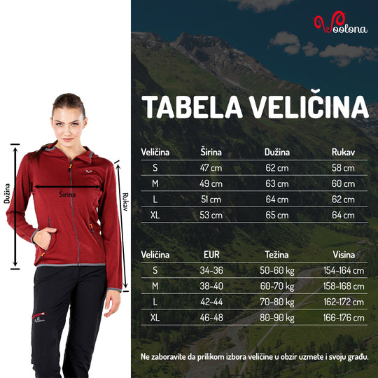 Tabela veličina - Marin ženski duks 100% merino vuna | Woolona