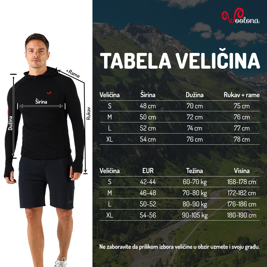Tabela veličina - Pakke aktivni veš/duks merino vuna seamless | Woolona