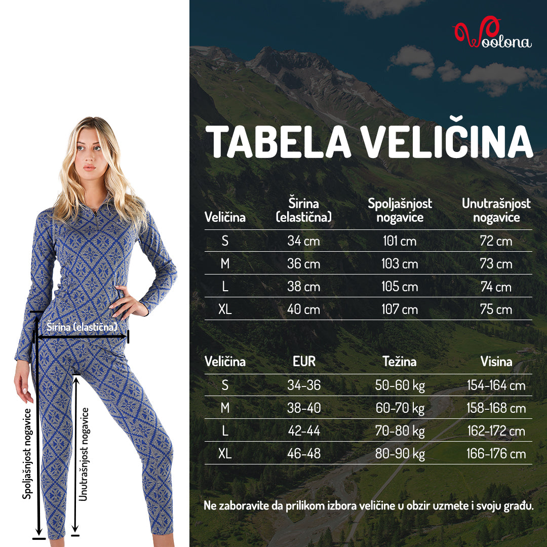 Tabela veličina - Venus aktivni veš 100% merino vuna donji deo | Woolona