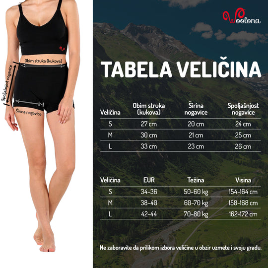 Tabela veličina - Dora ženski aktivni veš merino vuna seamless bokserice| Woolona