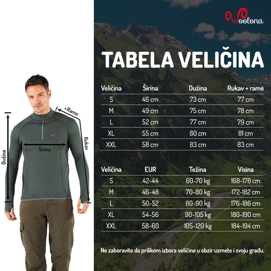 Tabela veličina - Halldor aktivni veš 100% merino vuna | Woolona