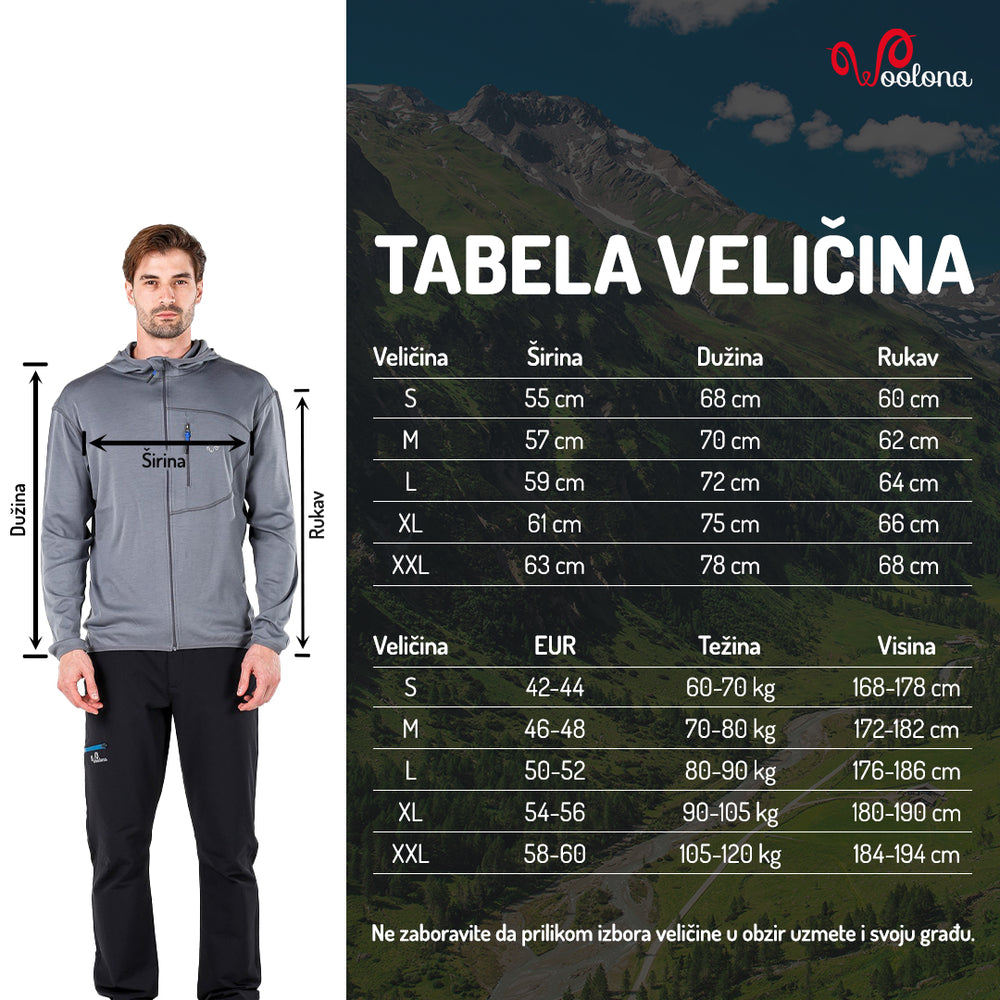 Tabela veličina - Maestro duks 100% merino vuna | Woolona