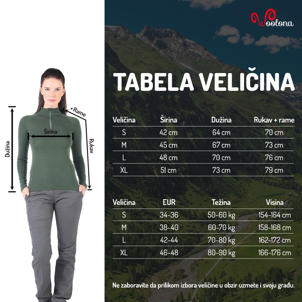 Tabela veličina - Vega ženski aktivni veš 100% merino vuna gornji deo 1/4 zip | Woolona